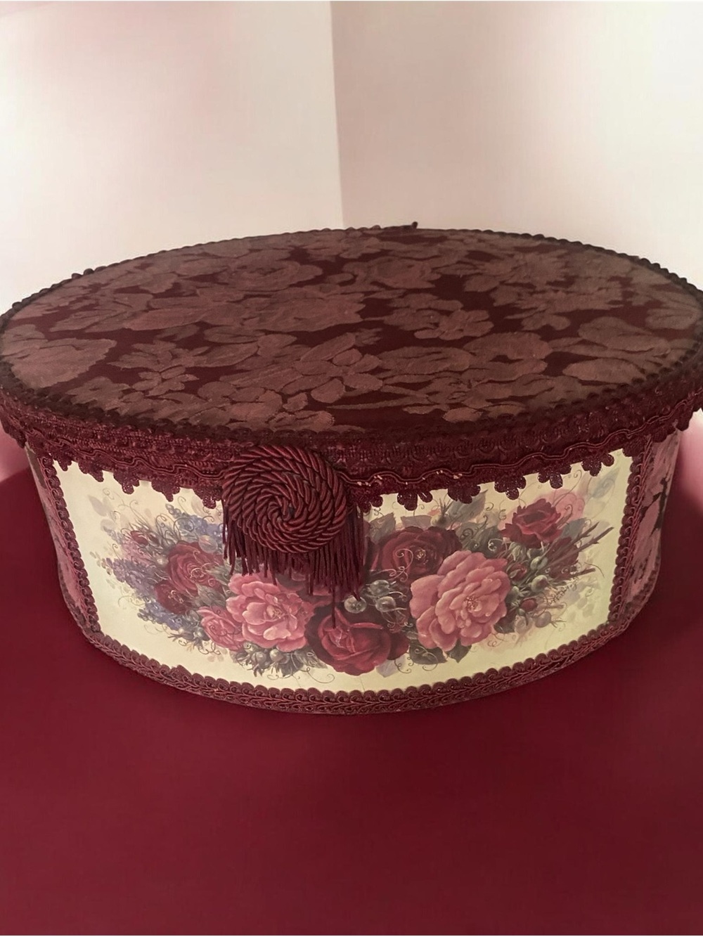 Vintage Burgundy Floral Decorative Hat Box with Tassel Trim Romantic